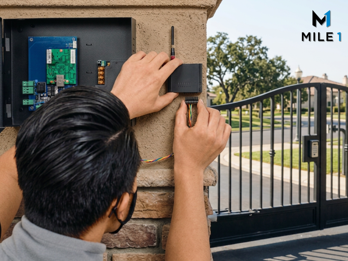Technician installing secure Amazon Key access control system at gated property